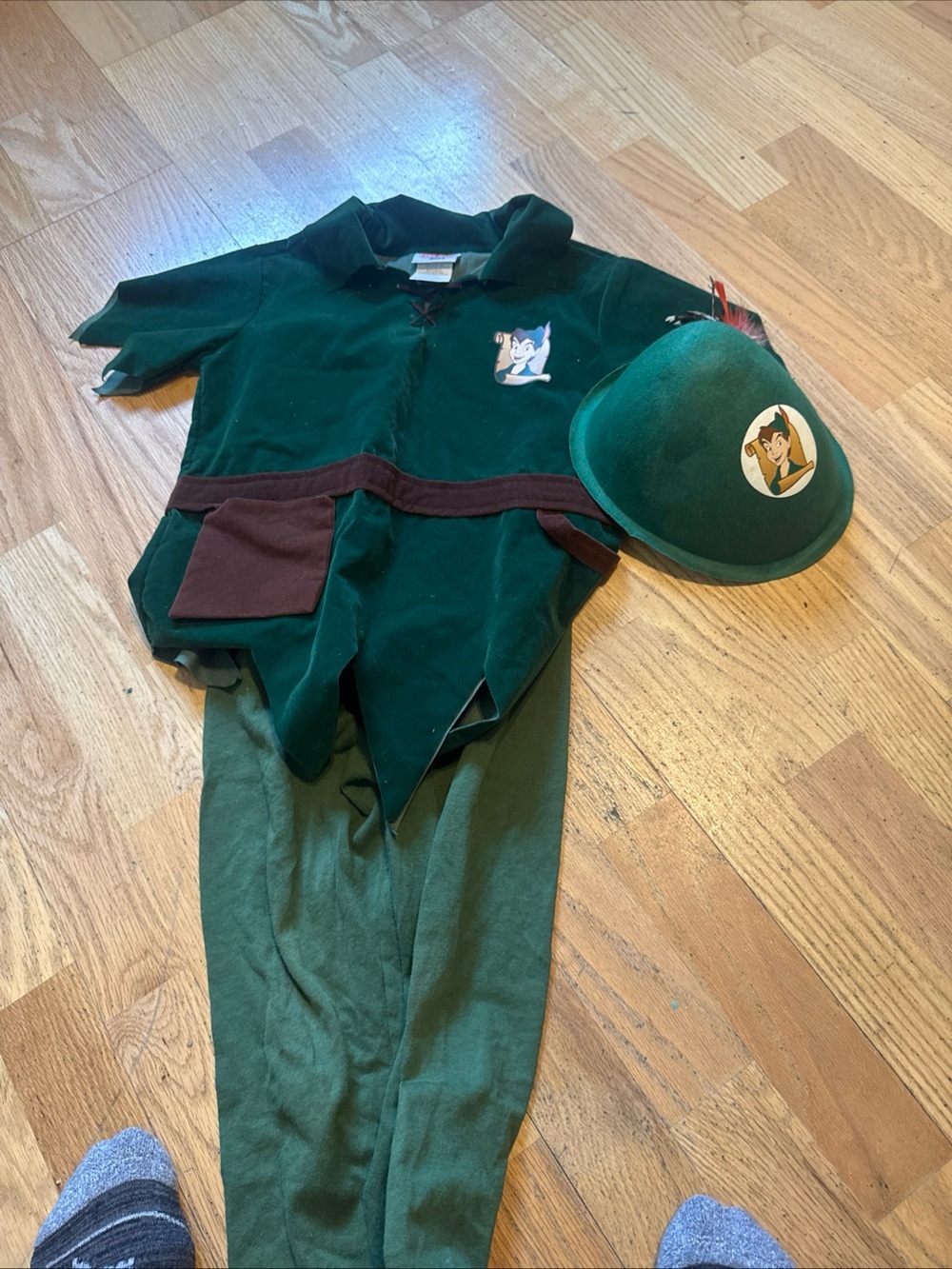 Disney Green Peter Pan Costume with Brown Belt and Feathered Hat - Picture 10 of 13